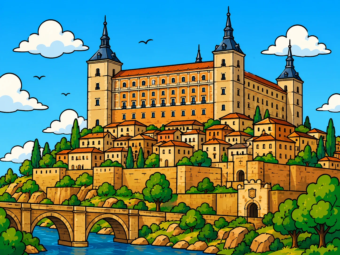 Ilustración del Alcázar de Toledo y el puente sobre el Tajo